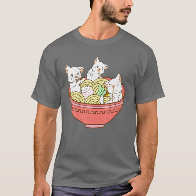 Kawaii Anime Cat Japanska Ramen Noodles - Kitten V T Shirt (Framsida)
