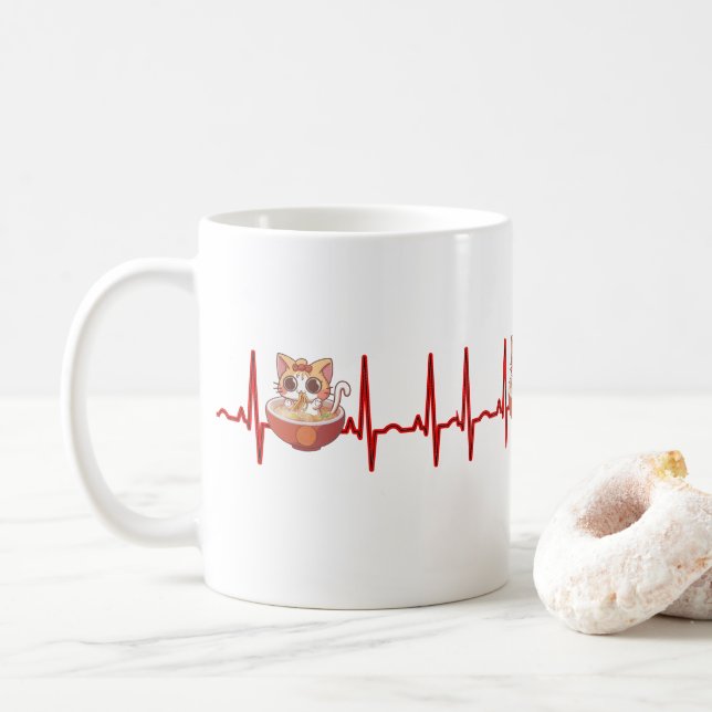 Kawaii Anime Cat Ramen Noodles Otaku EKG Heartslag Kaffemugg (Med munk)