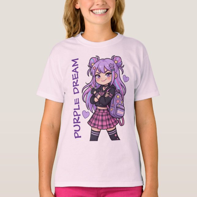 Kawaii Anime Flicka Lila Dröm T-Shirt (Framsida)