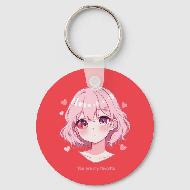 Kawaii Anime Flicka Valentinskåpa Nyckelring (Framsida)