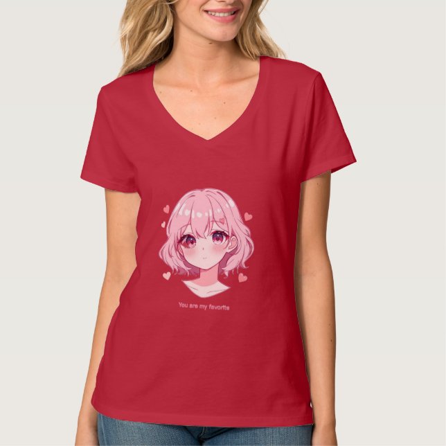 Kawaii Anime Flicka Valentinskåpa T Shirt (Framsida)