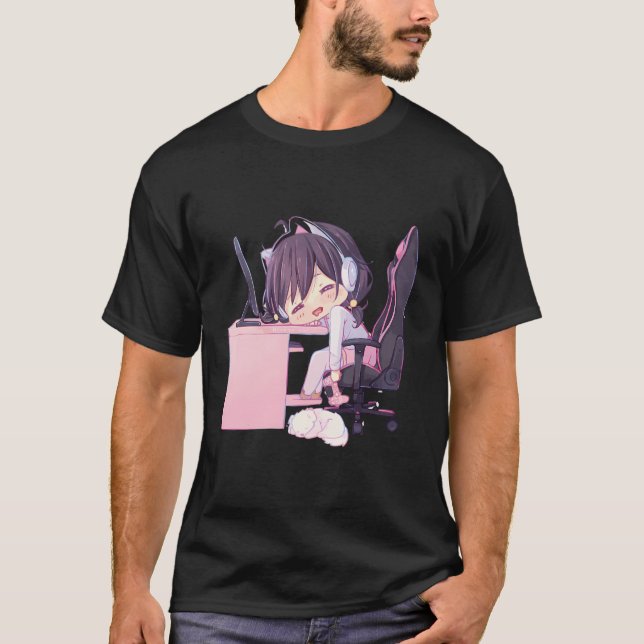Kawaii Anime Girl Chibi Neko Catgirl Gamer Egirl T Shirt (Framsida)