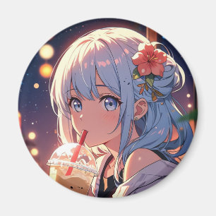 Kawaii Anime Girl Drinking Boba Magnet - Cute