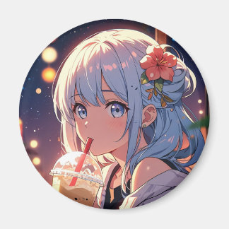 Kawaii Anime Girl Drinking Boba Magnet - Cute