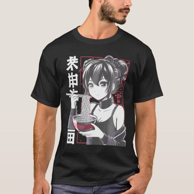 Kawaii Anime Girl Eating Ramen Noodles Japanska T Shirt (Framsida)