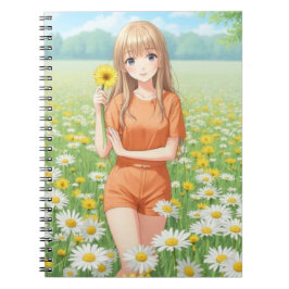 Kawaii Anime Girl in Daisy Garden Anteckningsbok