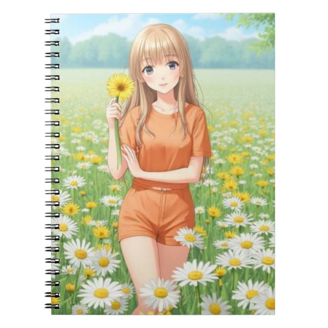 Kawaii Anime Girl in Daisy Garden Anteckningsbok (Framsidan)