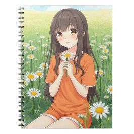 Kawaii Anime Girl in Daisy Garden Anteckningsbok