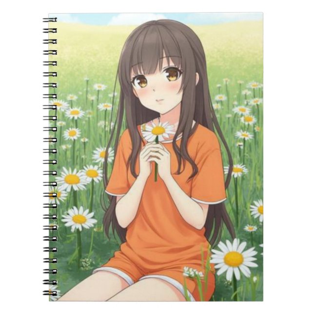 Kawaii Anime Girl in Daisy Garden Anteckningsbok (Framsidan)
