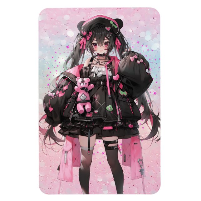Kawaii Anime Girl in Rosa och svart Dress Magnet (Vertikal)