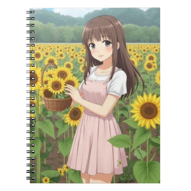 Kawaii Anime Girl in Sunflower Garden Anteckningsbok (Framsidan)