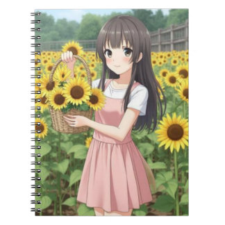 Kawaii Anime Girl in Sunflower Garden Anteckningsbok