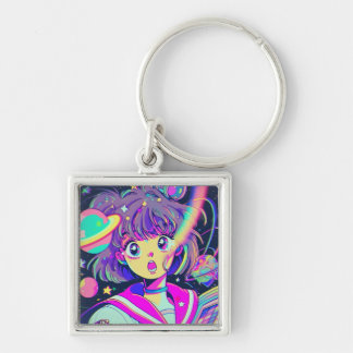Kawaii Anime Girl Keychain Fyrkantig Silverfärgad Nyckelring