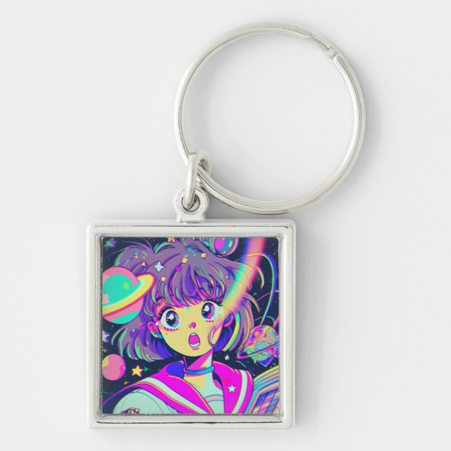 Kawaii Anime Girl Keychain Fyrkantig Silverfärgad Nyckelring (Framsidan)