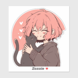 Kawaii Anime Girl med Black Cat på Rosa Backgroun Klistermärken