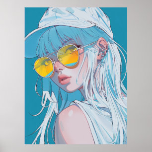 Kawaii Anime Girl med White Hair Poster