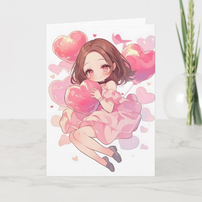 Kawaii Anime Girl Rosa Kärlek Helgkort (Framsida)
