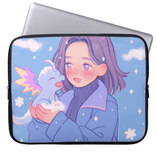 Kawaii Anime Girl with Baby Dragon in Winter Snö Laptop Fodral