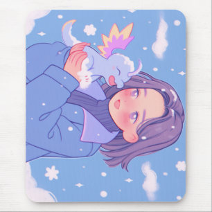 Kawaii Anime Girl with Baby Dragon in Winter Snö Musmatta