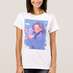 Kawaii Anime Girl with Baby Dragon in Winter Snö T Shirt