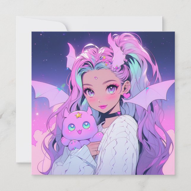 Kawaii Anime Girl with plush Creature Inbjudningar (Framsida)