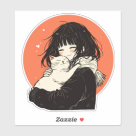 Kawaii Anime Girl with White Cat Klistermärken