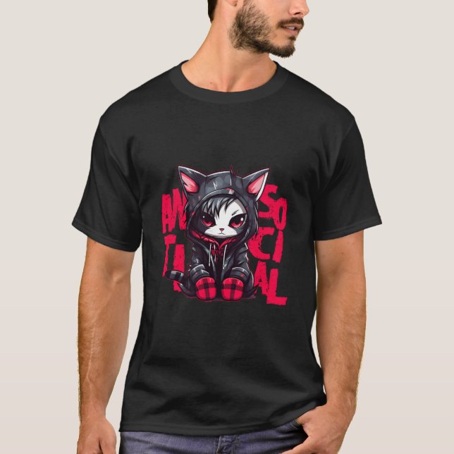 Kawaii Anime Gothic Cat Chibi Antisocial Hera Grun T Shirt (Framsida)
