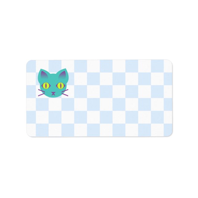 Kawaii Anime Kattunge Blue & White Checkerboard Adressetikett (Framsidan)