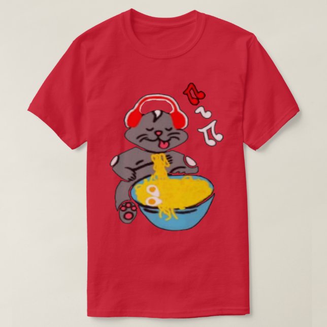 Kawaii Anime Kattunge med Music Headphone Ramen T Shirt (Design framsida)