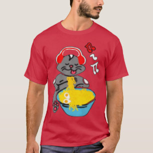 Kawaii Anime Kattunge med Music Headphone Ramen T Shirt