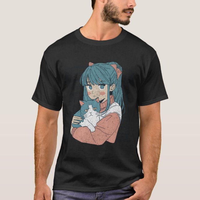 Kawaii Anime med Cat Kattunge Ga Japan T Shirt (Framsida)