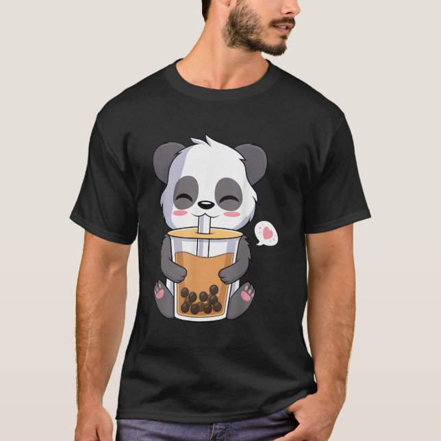 Kawaii Anime Panda Drinking Boba Bubble Tea T Shirt (Framsida)