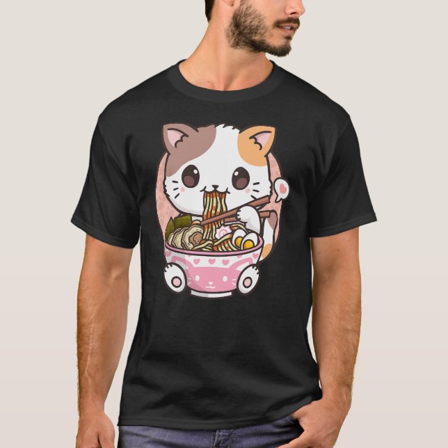 Kawaii Anime Ramen Cat Neko T Shirt (Framsida)