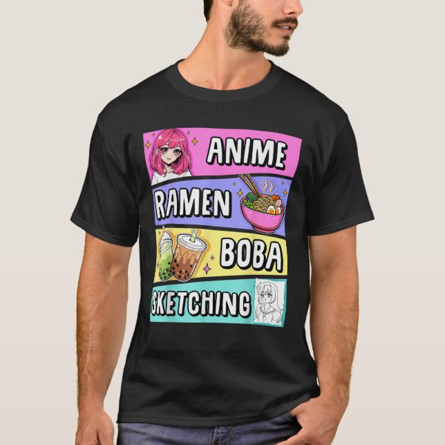 Kawaii Anime Ramen Noodles Sketching Boba Tea Japa T Shirt (Framsida)