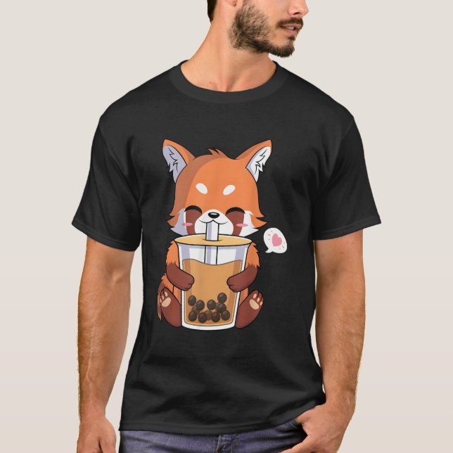 Kawaii Anime Red Panda Drinking Boba Bubble Tea T Shirt (Framsida)