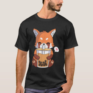Kawaii Anime Red Panda Drinking Boba Bubble Tea T Shirt