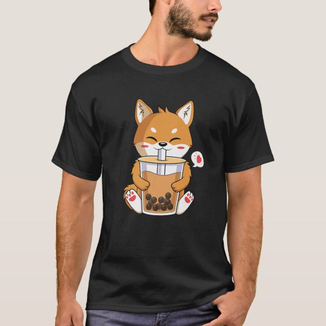 Kawaii Anime Shiba Inu Hund Drinking Boba Bubble T T Shirt (Framsida)