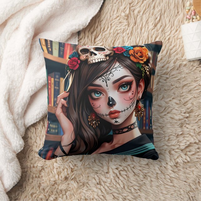 Kawaii Anime Skull Girl Pillow 01 Kudde (Filt)