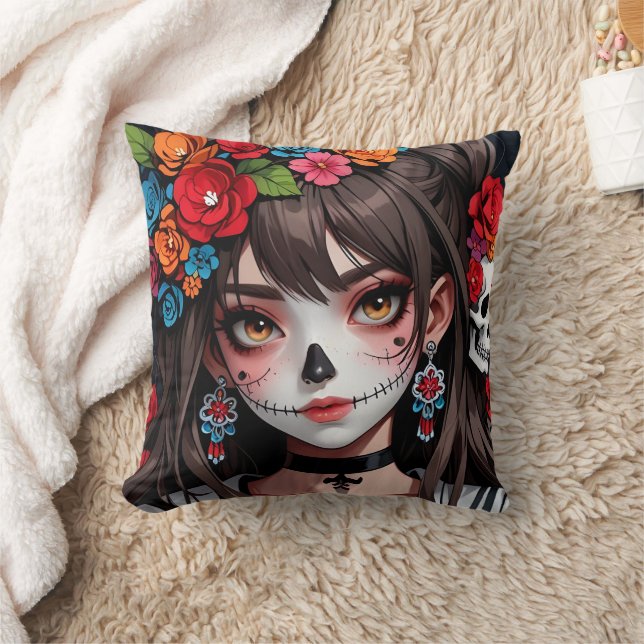 Kawaii Anime Skull Girl Pillow 02 Kudde (Filt)