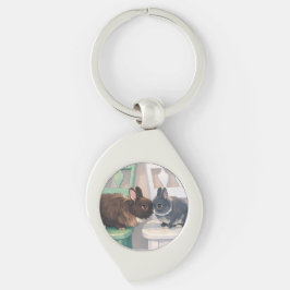 Kawaii Anime Two Bunnies Silver Metal Keychain Swirl Silverfärgad Nyckelring