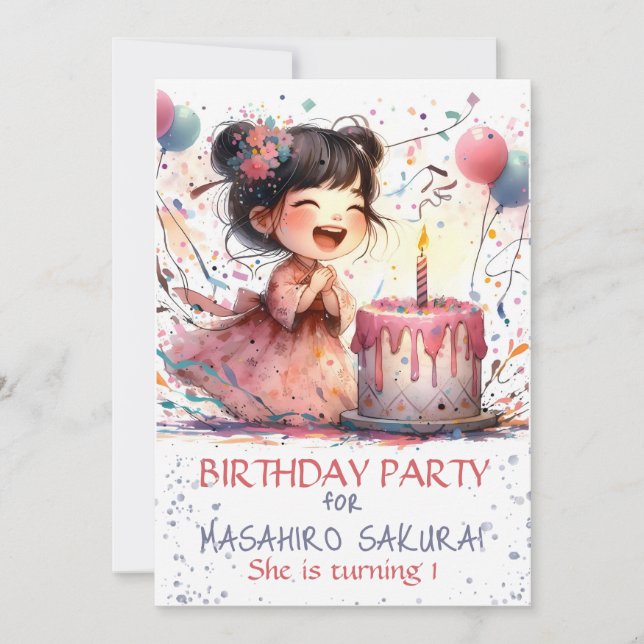 Kawaii Asian girl 1st Birthday tårta candeas namn Inbjudningar (Framsida)