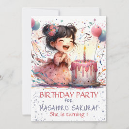 Kawaii Asian girl 1st Birthday tårta candeas namn Inbjudningar