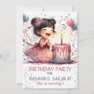 Kawaii Asian girl 1st Birthday tårta candeas namn Inbjudningar