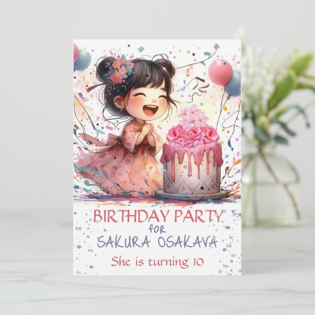 Kawaii Asian Girl Birthday Blommigt tårta personal Inbjudningar (Stående Fram)
