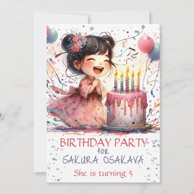 Kawaii Asian girl Femth Birthday tårta, namn Inbjudningar (Framsida)
