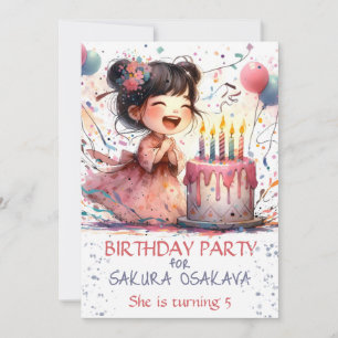 Kawaii Asian girl Femth Birthday tårta, namn Inbjudningar