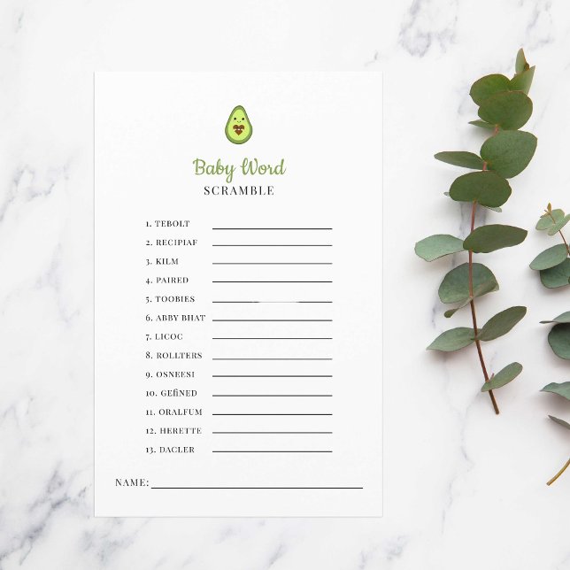 Kawaii Avocado Baby Shower Game Ord Scramble (Skapare uppladdad)