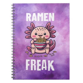 Kawaii Axalotl ätande Ramen (vit text) Anteckningsbok