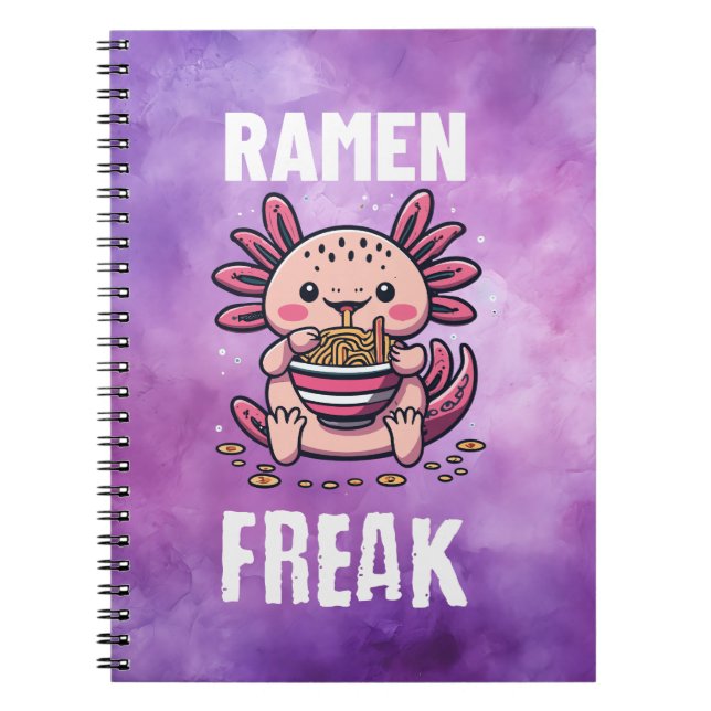 Kawaii Axalotl ätande Ramen (vit text) Anteckningsbok (Framsidan)
