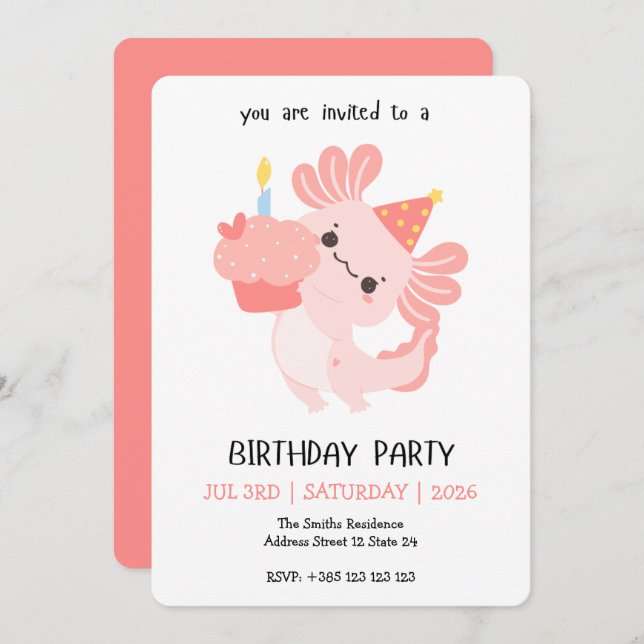 Kawaii Axolotl Birthday Party Invitation Inbjudningar (Fram/baksida)